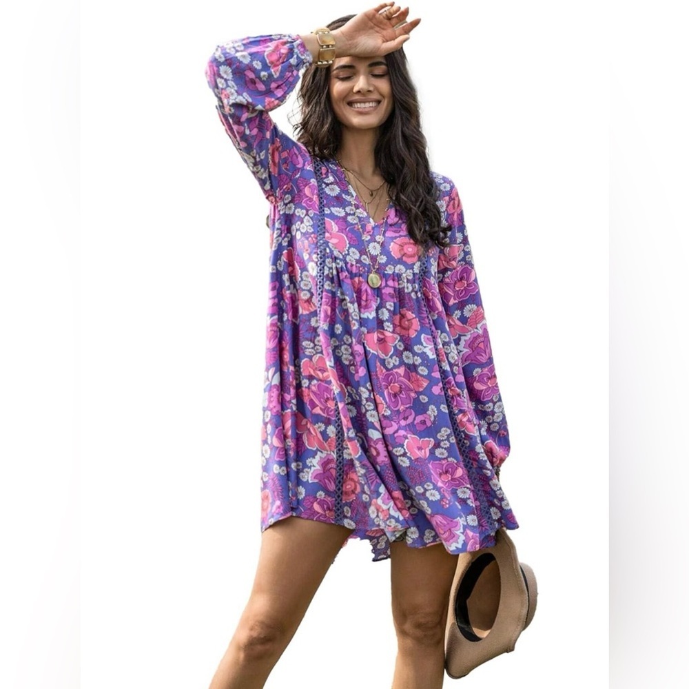 Women’s Rusttydustty Vibrant Floral Print Bishop Sleeve Smock Dress Size Small